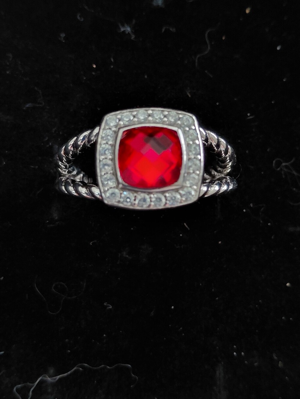 David Yurman Silver Ring with Red Cushion Gemstone and Pavé Halo